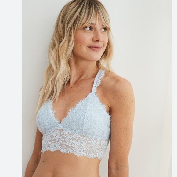 Aerie Eyelash Lace Racerback Bralette Size Small NEW Baby Blue Longline - Picture 1 of 8